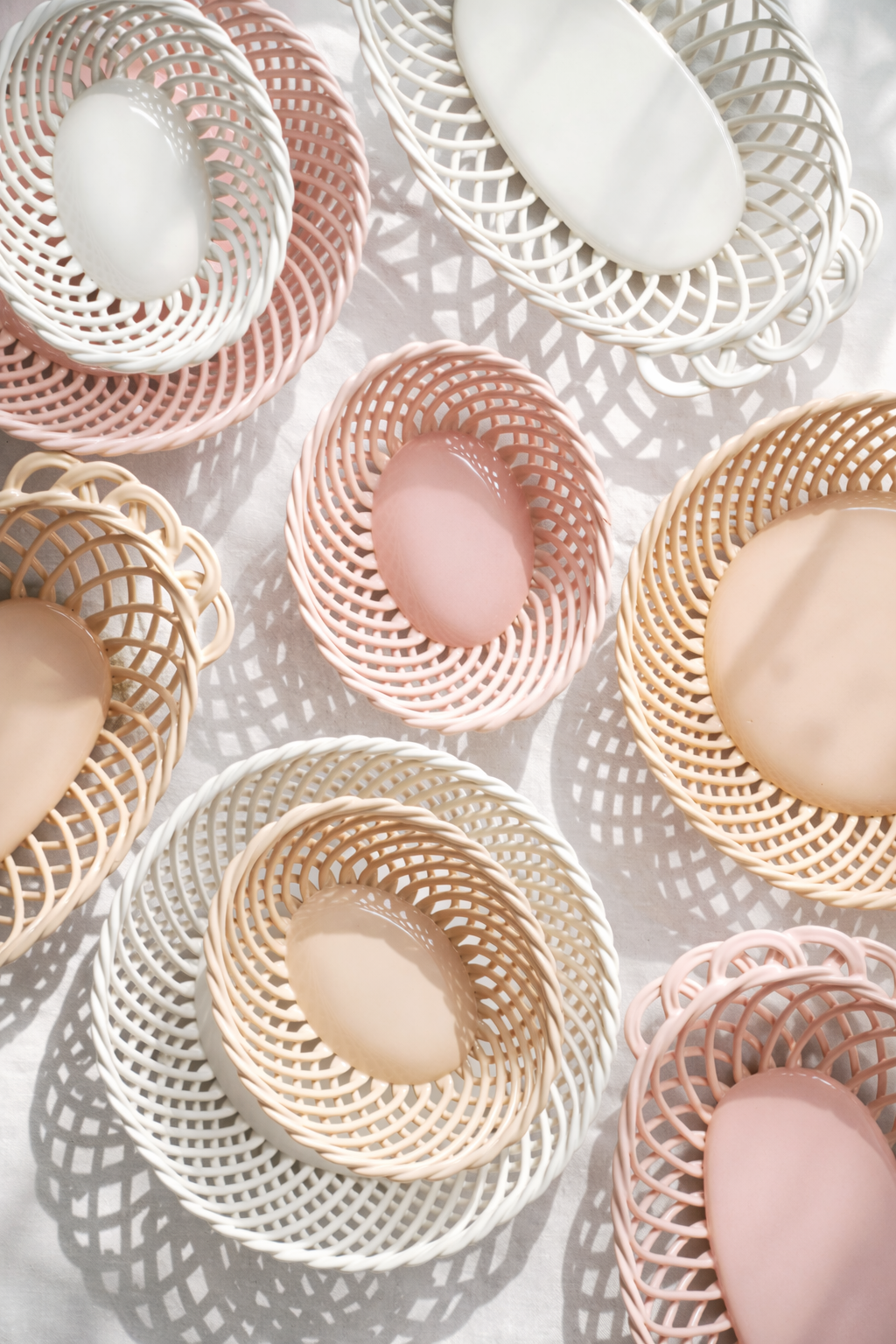 Hand-Woven Ceramic Basket -Small Oval Porcelain Dish in White, Beige & Pink - - Bowl