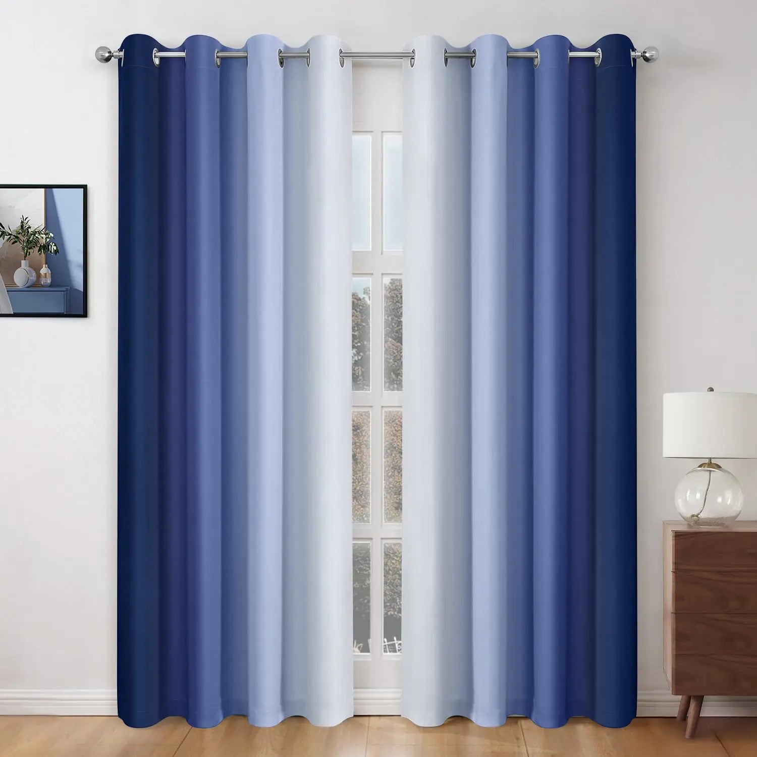 Navy Blue Ombre Blackout Curtains 52 X 96 Inch Length Gradient Color with Grommets Thermal Insulated 2 Panels - Kia Day Design