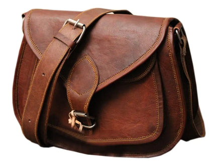 13-Inch Vintage Leather Crossbody Brown Saddle Leather Handbag - Kia Day Design