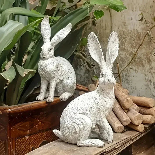 Antique Distressed Old Forest Rustic Wooden Rabbit Resin Sculpture, Animal Decor for Garden and Balcony, Cracked and Peeling Weathered Effect, Vintage Style Animal Statue for Outdoor Landscape and Home Decor - -