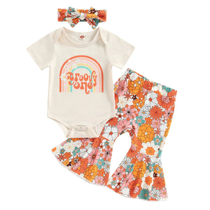 CHAUKAREAUL 1st Birthday One Groovy Print Short Sleeve Romper Shirt Floral Bell Bottom Pant Set - Apricot2 6-12 Months - toddler outfit
