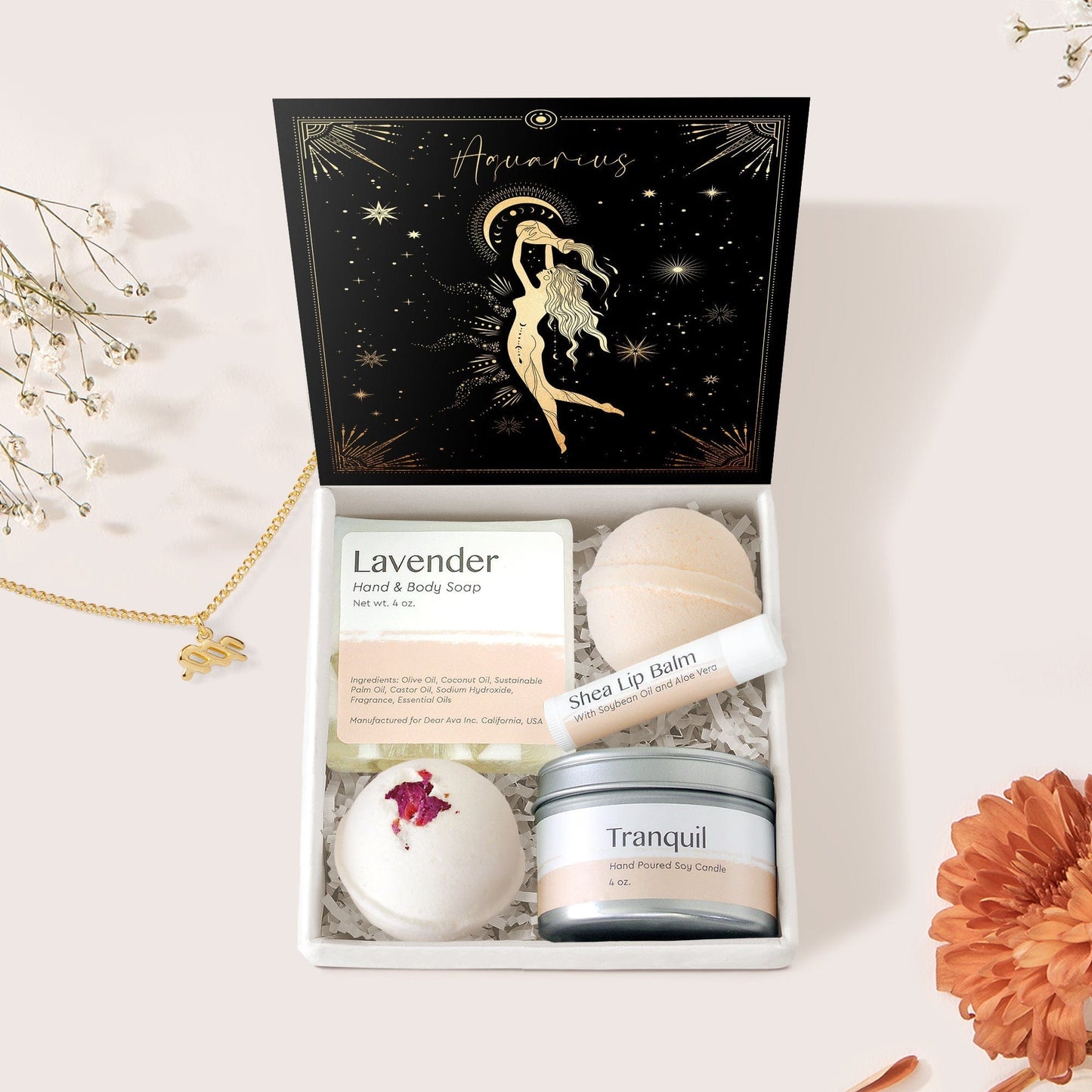 Aquarius Deity Zodiac Gift Box Set - Aquarius Zodiac Necklace - Bath & Body Gift Sets