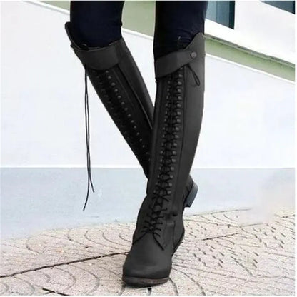 Knee-High Studded Lace-Up Chunky Heeled Boots - Black 37 - heeled boots