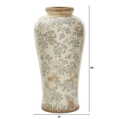 16" Tuscan Ceramic Floral Scroll Urn Vase - - Decor