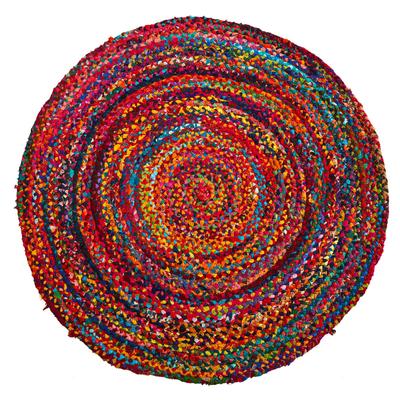 Red Hand Braided Boho Colorful Chindi Round Rug - - Decor