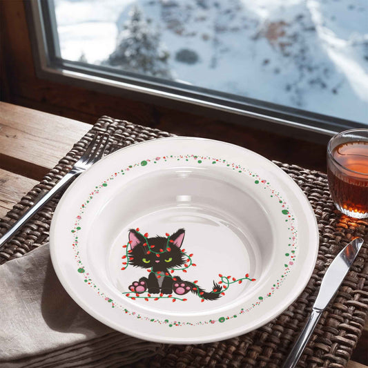 Christmas Cat Tangled in Lights Bowl – 8.5" Holiday Dinnerware - - Collectible Bowls, Plates, & Platters