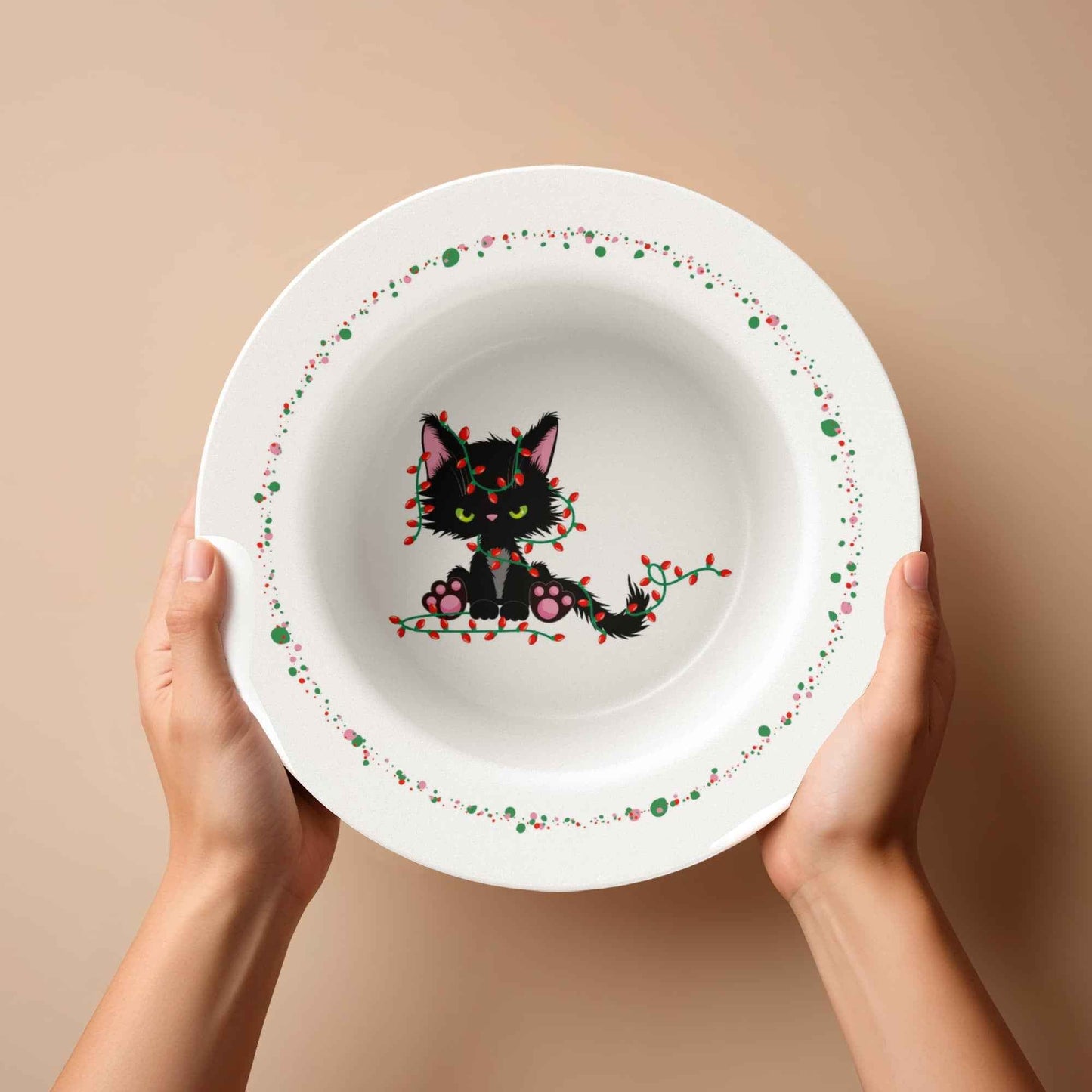 Christmas Cat Tangled in Lights Bowl – 8.5" Holiday Dinnerware - 8.5” Bowl - Collectible Bowls, Plates, & Platters