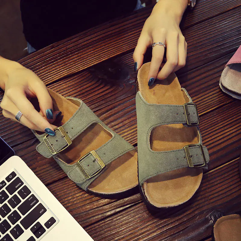 Genuine Leather Cork Sandals - Blackish green 35 - sandals