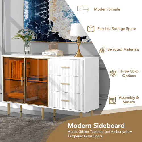Modern Sideboard, Buffet Cabinet With Marble Sticker Top And Amber Tempered Glass Door With Gold Metal Legs And Handles - Kia Day Design