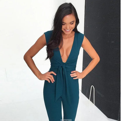 Deep Black V Fitted Sexy Jumpsuit Green Extra Large