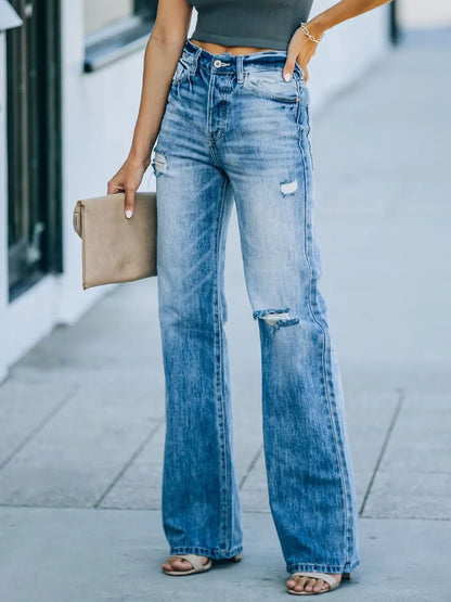 Distressed Straight Leg Jeans - -