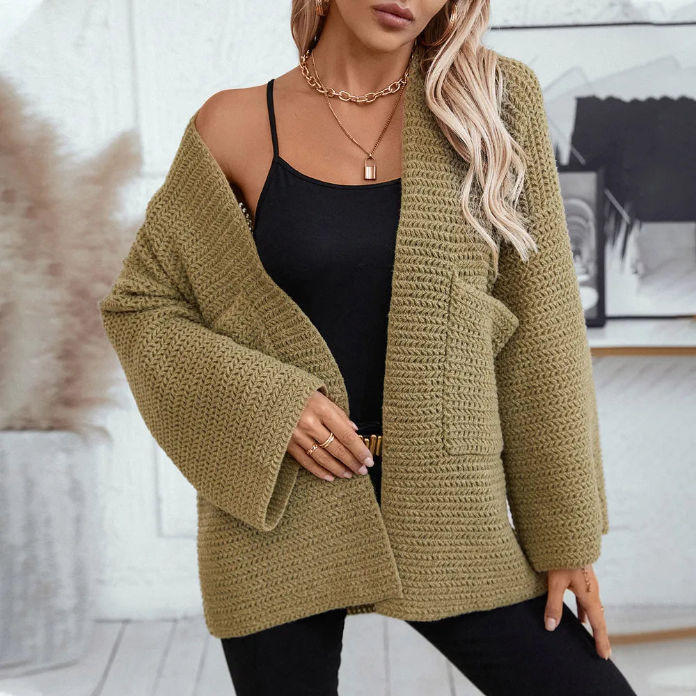 Open Front Long Sleeve Cardigan - -