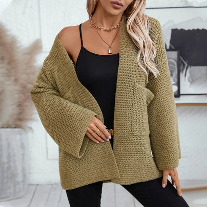 Open Front Long Sleeve Cardigan - -