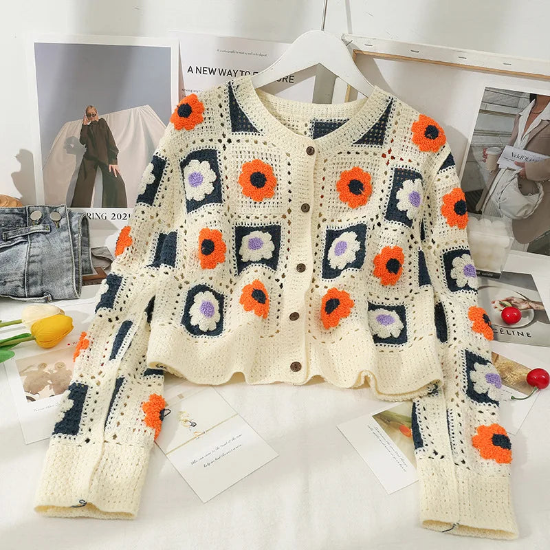 Embroidered Flower Knit Cardigan Retro Lazy Sweet Handwork Embroidered Sweater