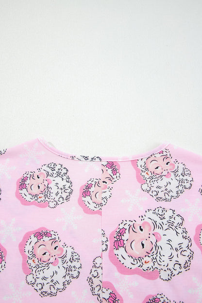 Pink Santa Claus Print V Neck Tee Drawstring Pants 2pcs Lounge Set - - Loungewear & Sleepwear/Loungewear