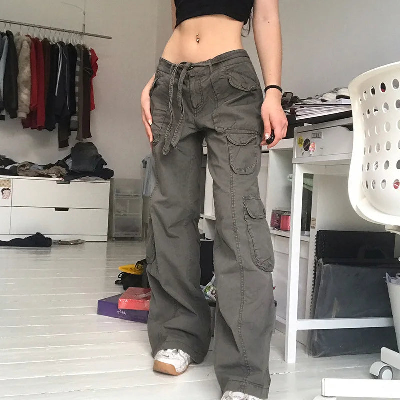 Y2K Pockets Cargo Pants Straight Oversize Pants Low Waist Wide Leg Baggy Jeans