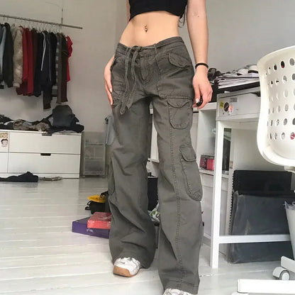 Y2K Pockets Cargo Pants Straight Oversize Pants Low Waist Wide Leg Baggy Jeans Gray