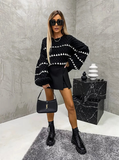 Contrast Round Neck Long Sleeve Sweater - -