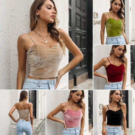 Velvet Camisole Women's Wrap Chest Cropped Tops Women Spaghetti Strap Blouse