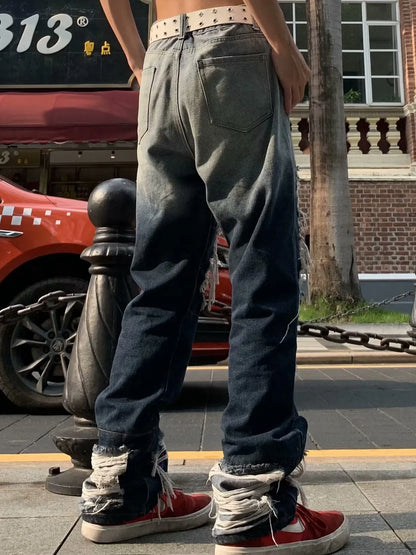Men's Distressed Wash Loose Fit Jeans - -