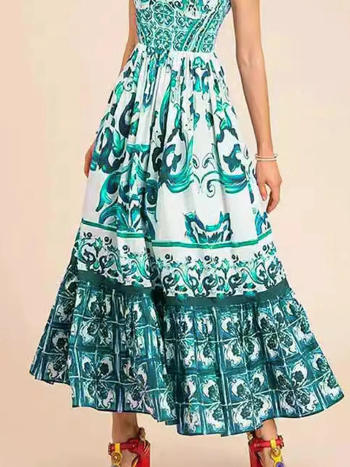 Smocked Printed Wide Strap Dress - -