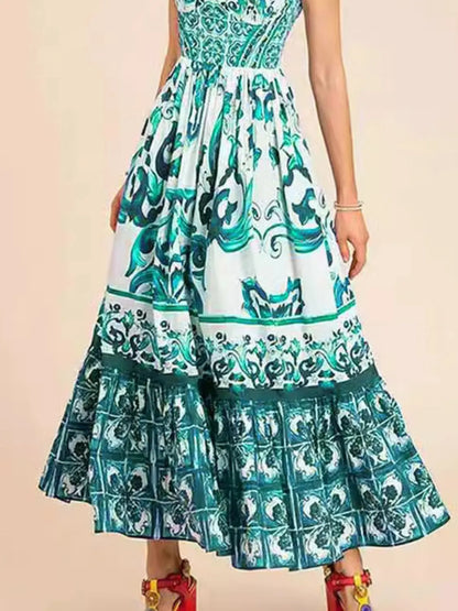 Smocked Printed Wide Strap Dress - -