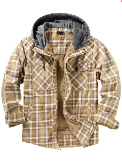 Men's Snap Down Plaid Flannel Hooded Jacket - Khaki -