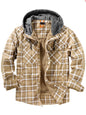 Men's Snap Down Plaid Flannel Hooded Jacket - Khaki -