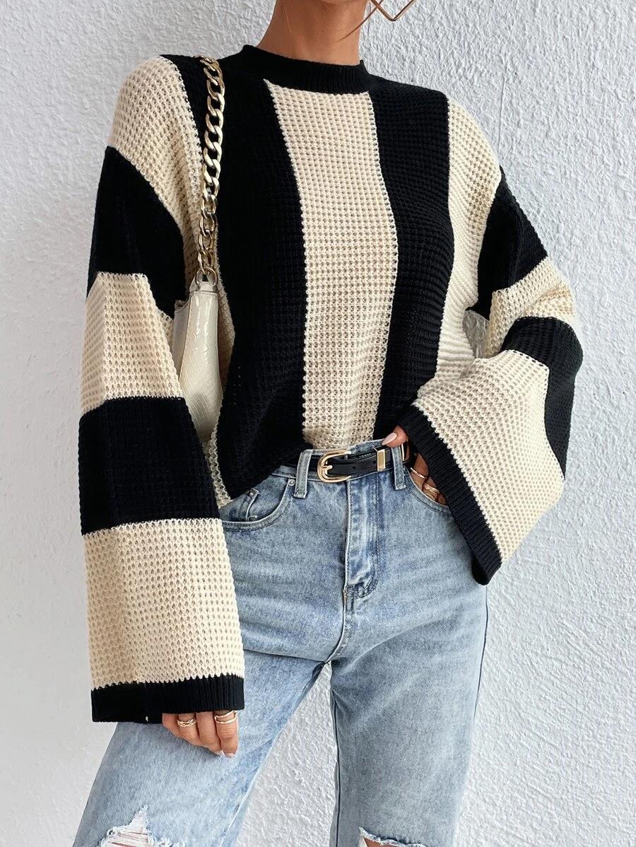 Oversize Knitted Casual Color Blocking Design Women Knitted Pullover Sweater