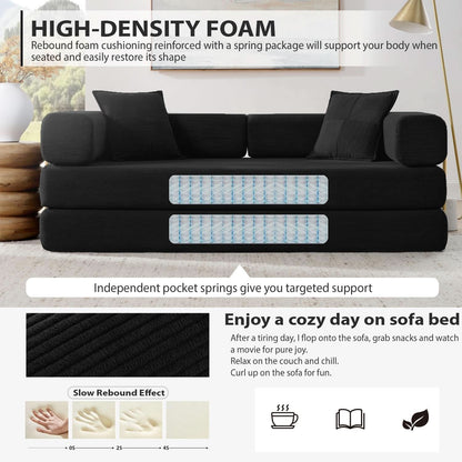Corduroy 78Inch Multifunctional Convertible Sofa Bed Black- ShipItFurniture- {{Product type}}