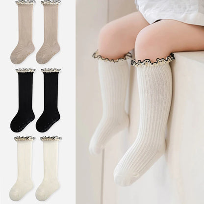 0-7y Girls Frilly Socks Knee High Cotton Long Anti Slip Socks