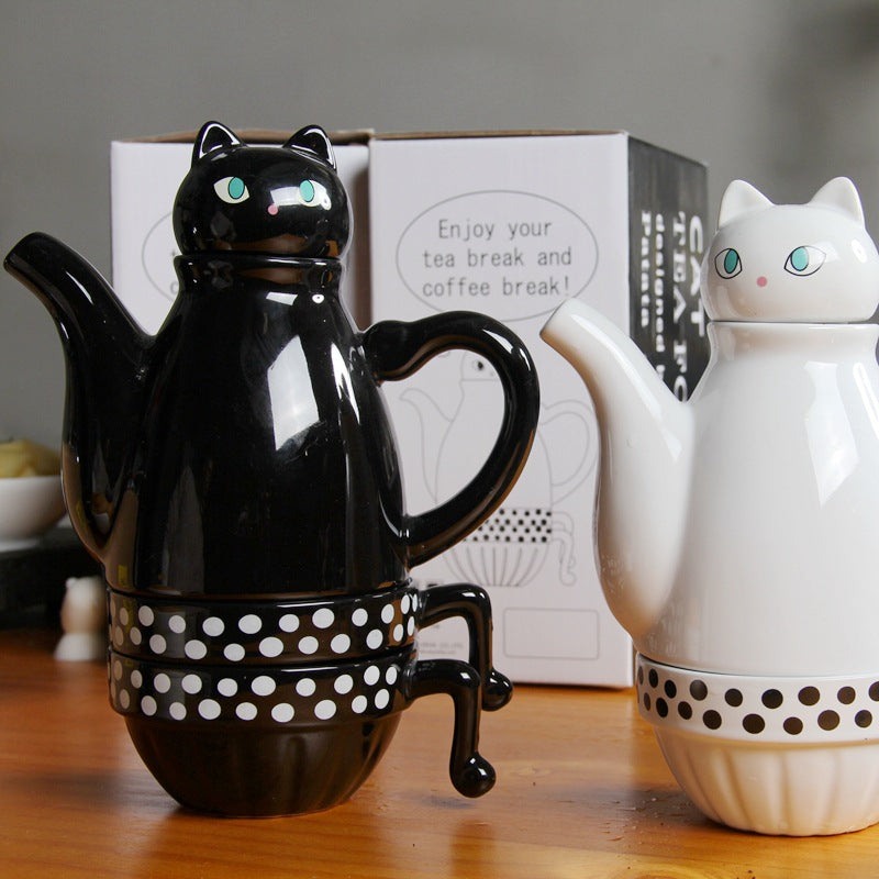 Ceramic Cup Set with Black and White Cat Design - - tea set