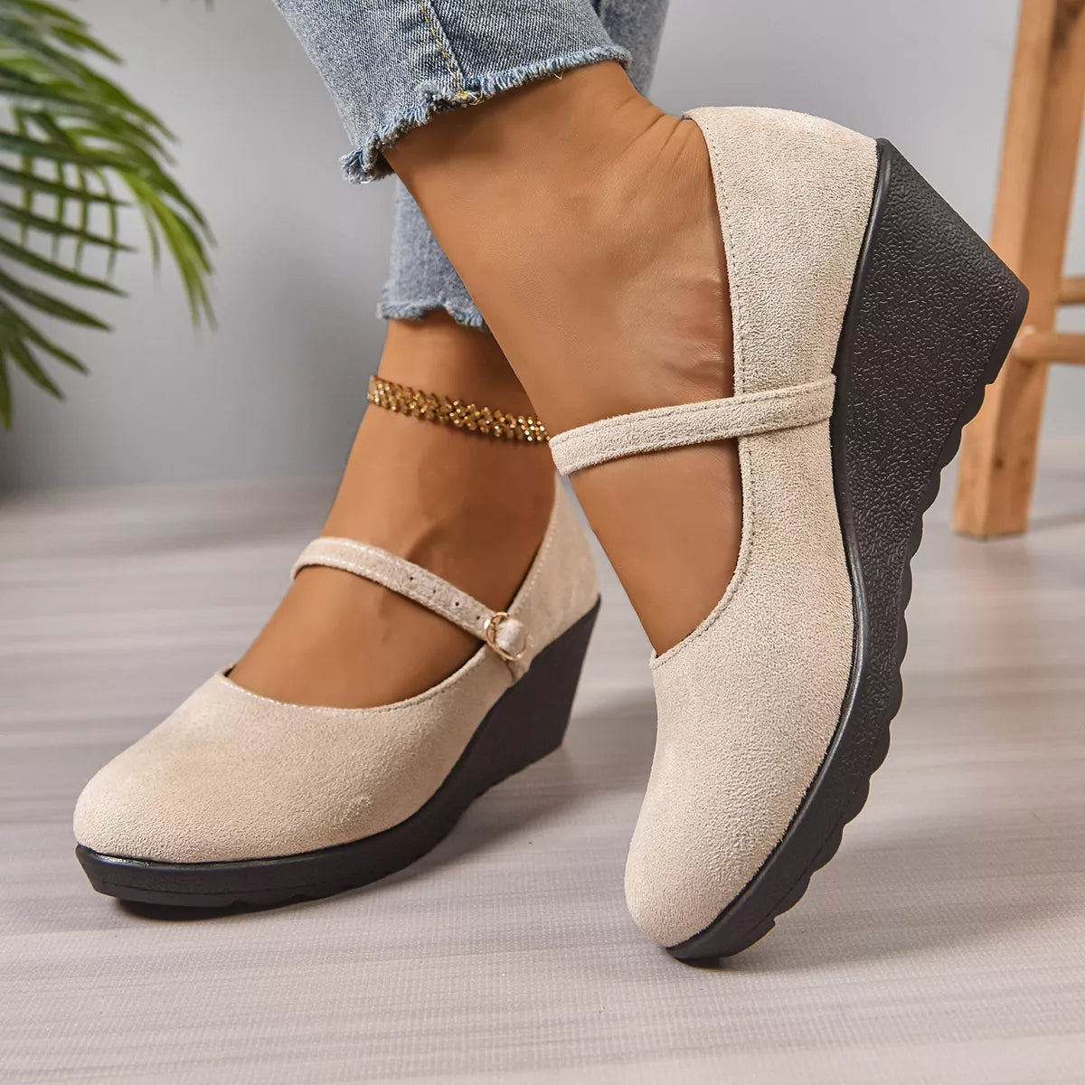 Round Toe Wedge Loafers - Ivory -