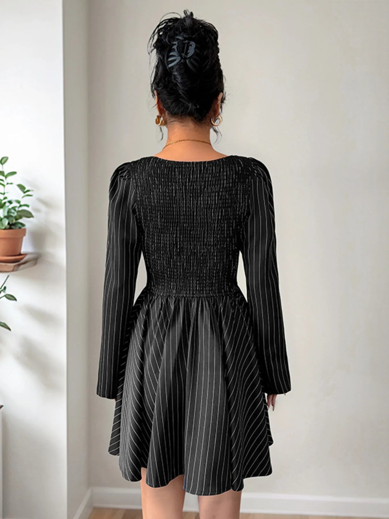 Striped Long Sleeve Mini Dress - -