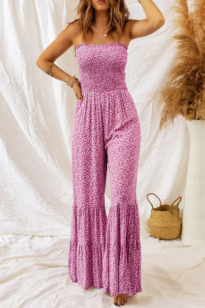 Smocked Printed Wide Strap Jumpsuit - Hot Pink -