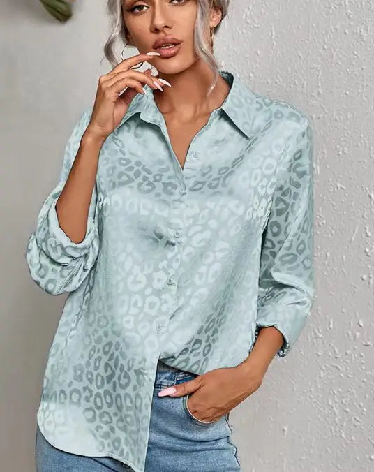 Open Button Leopard Jacquard Temperament Commuter Long Sleeve Blouse