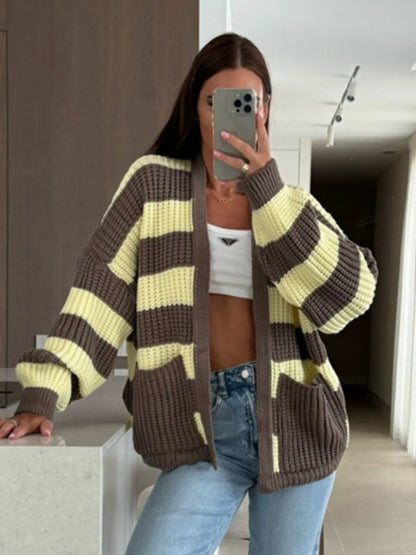 Striped Open Front Long Sleeve Cardigan - -