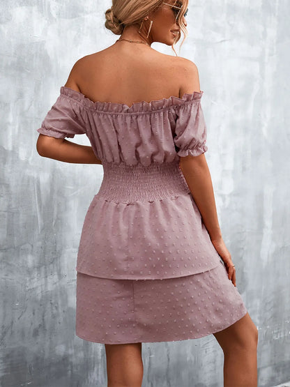 Ruffled Swiss Dot Off-Shoulder Dress - -