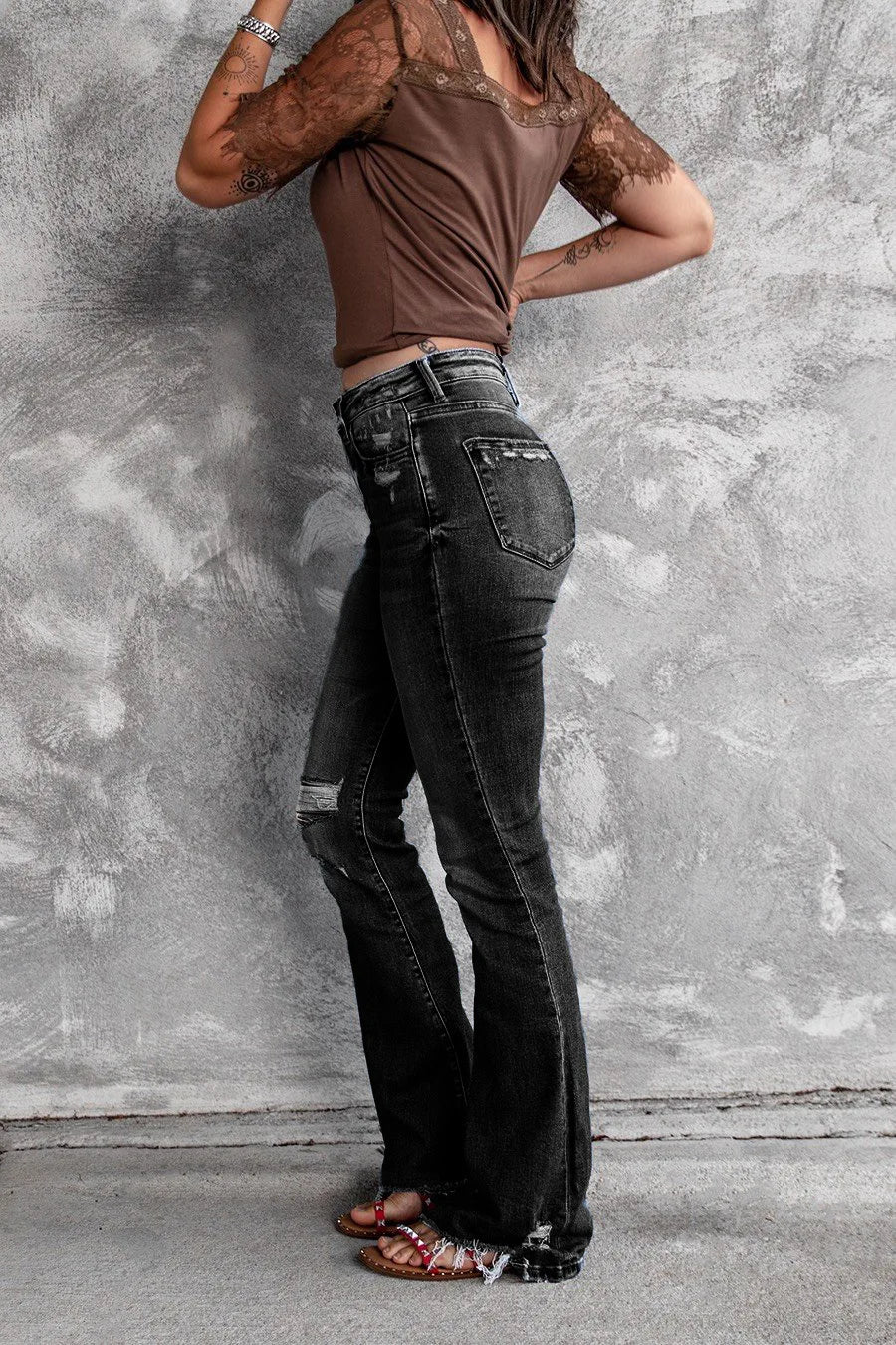 Women Holes Ripped Flare Jeans Hollow Out High Waist Wide Leg Denim Jeans