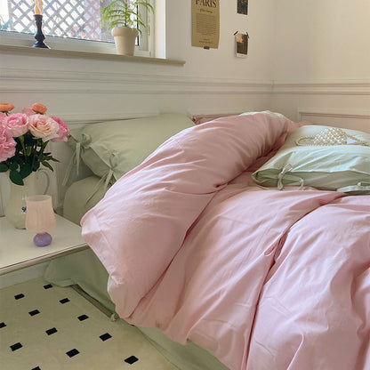 All Cotton Washed Cotton Four-piece Set Soft Comfortable Bow Bedding- FLIPSTYLEZLLC- {{Product type}}