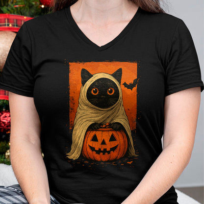 Funny Vintage Black Cat Halloween Pumpkin Spooky Ghost Women T-Shirt - Halloween Unisex T-Shirt/Hoodie - NGHL00 - V-neck T-shirt -