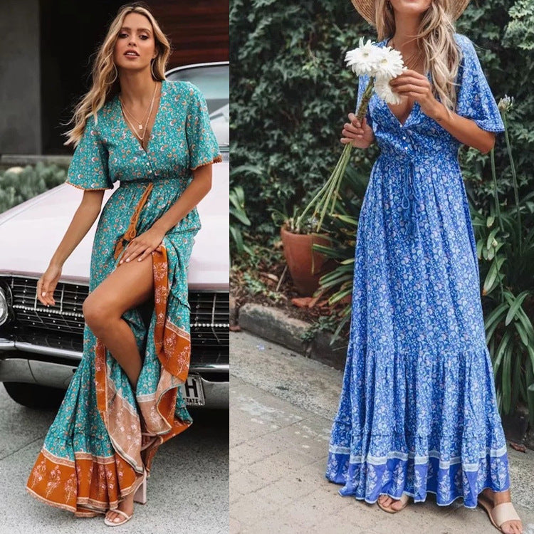 Large Swing V-Neck Dress Lace-Up Print Long Dress Women