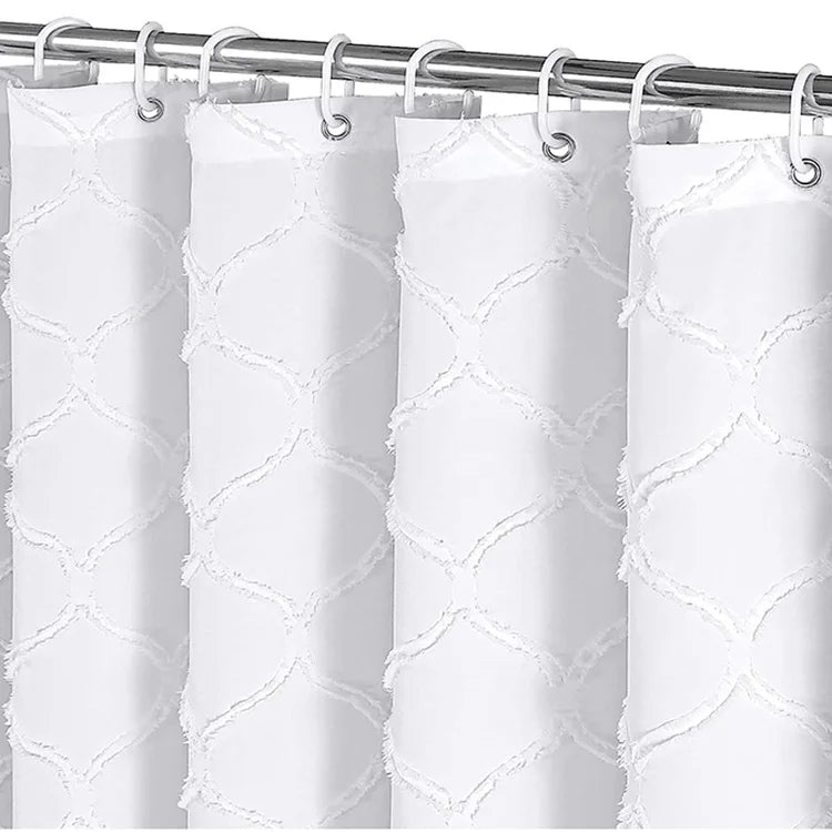 Modern Embroidered Moroccan Geometric Textured White Fabric Shower Curtain