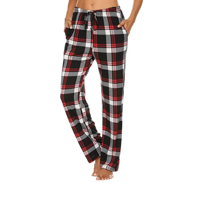 Women Solid Color Buffalo Plaid Pajama Pants Sleepwear With Pockets