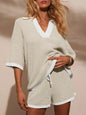 Collared Neck Contrast Striped Top and Shorts Sweater Set- Shopimist- {{Product type}}