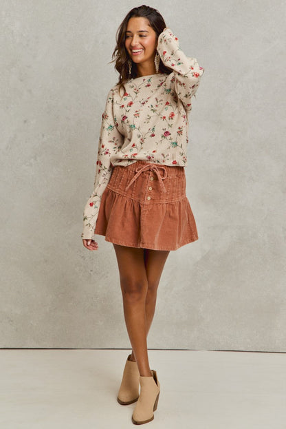 SO ME Mineral Wash Pintucked Corduroy Mini Flared Skirt - -