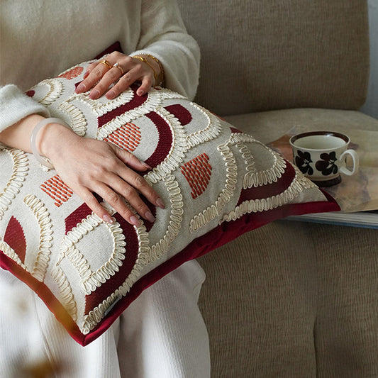 Mid-Century Wabi-Sabi Embroidered Red Jacquard Throw Pillow - - pillow