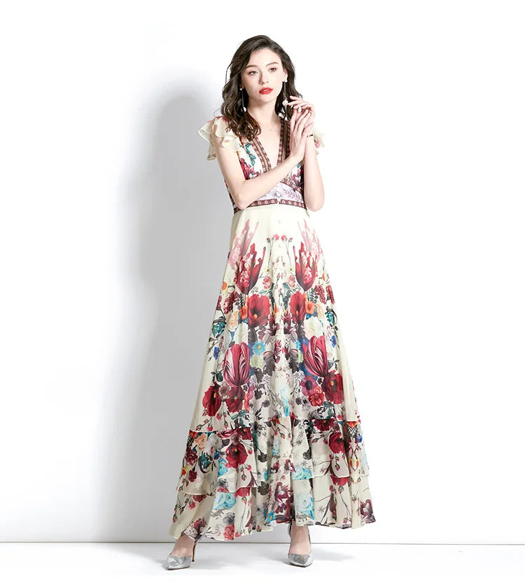 Floral High Waist Women Casual Sun Dress Sleeveless Casual Summer Maxi Dress