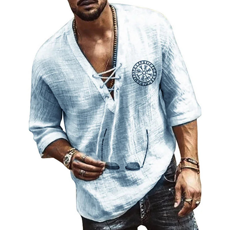 Men's Tee Shirt Solid Tops Pullover v Neck Lace-Up Loose Top Casual Half Sleeve