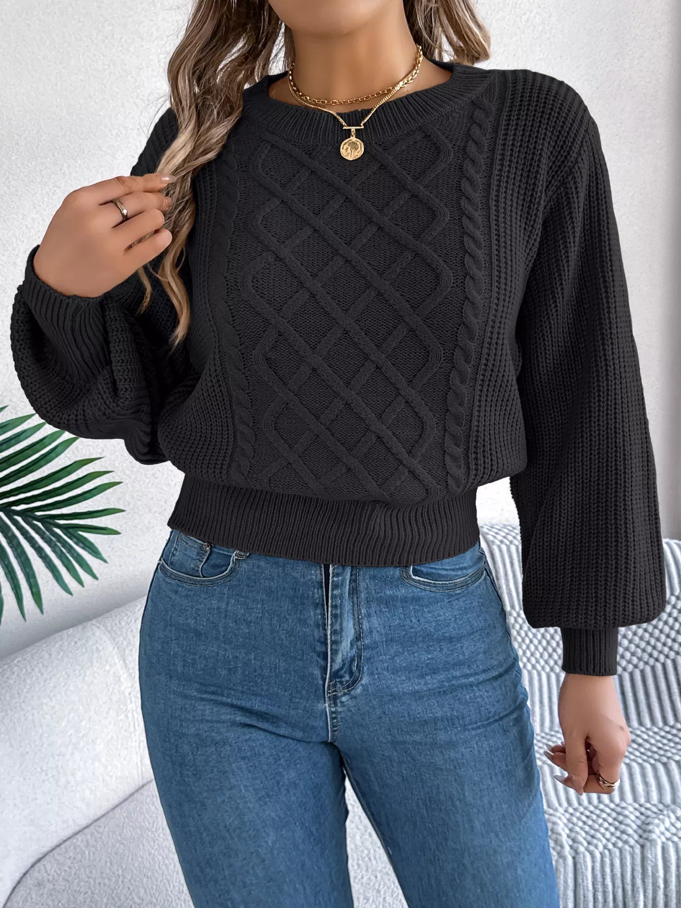 Cable Knit Diamond Pattern Long Sleeve Sweater - -